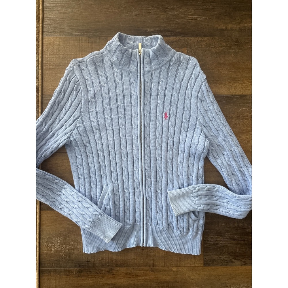 Ralph Lauren Sport Blue Cable Knit Full Zip Cardigan Sweater Pink Pony XL
